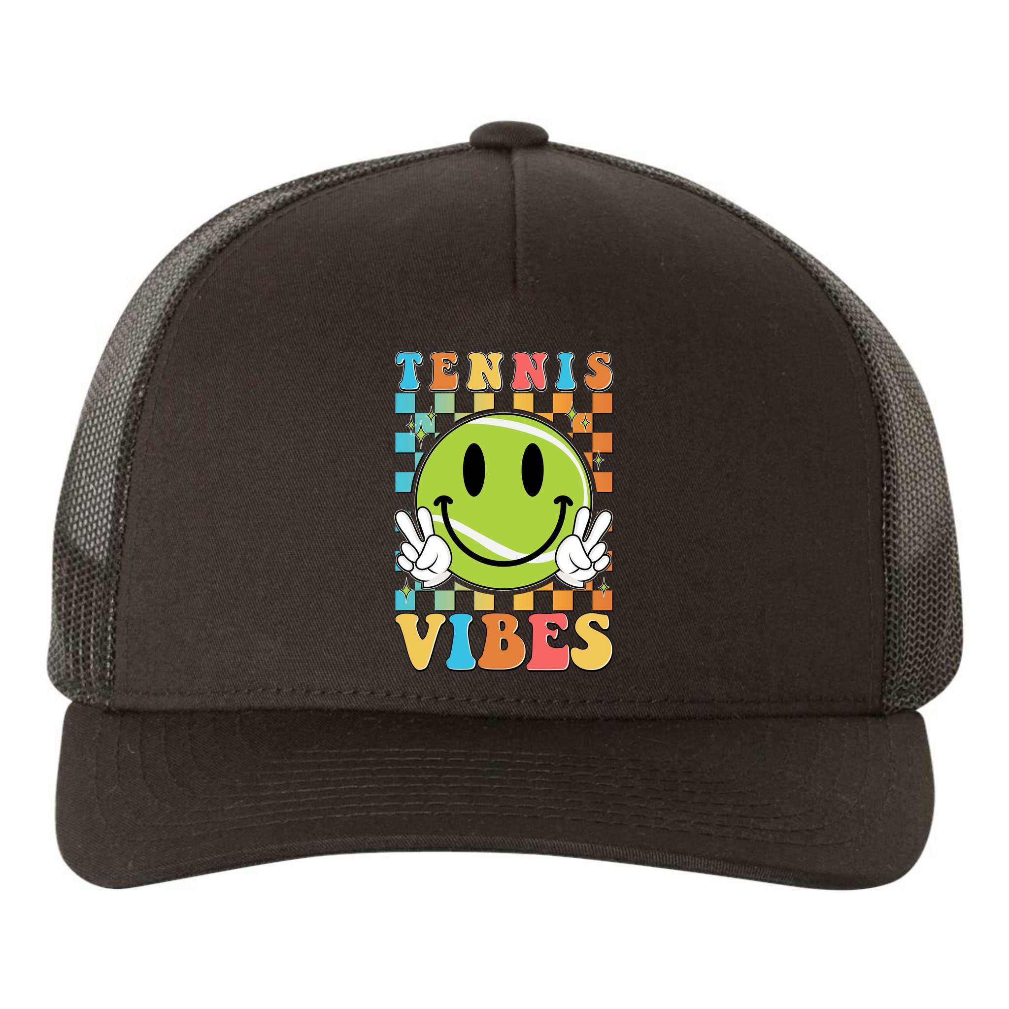 Retro Smiley Emoji Tennis Vibes Yupoong Adult 5-Panel Trucker Hat