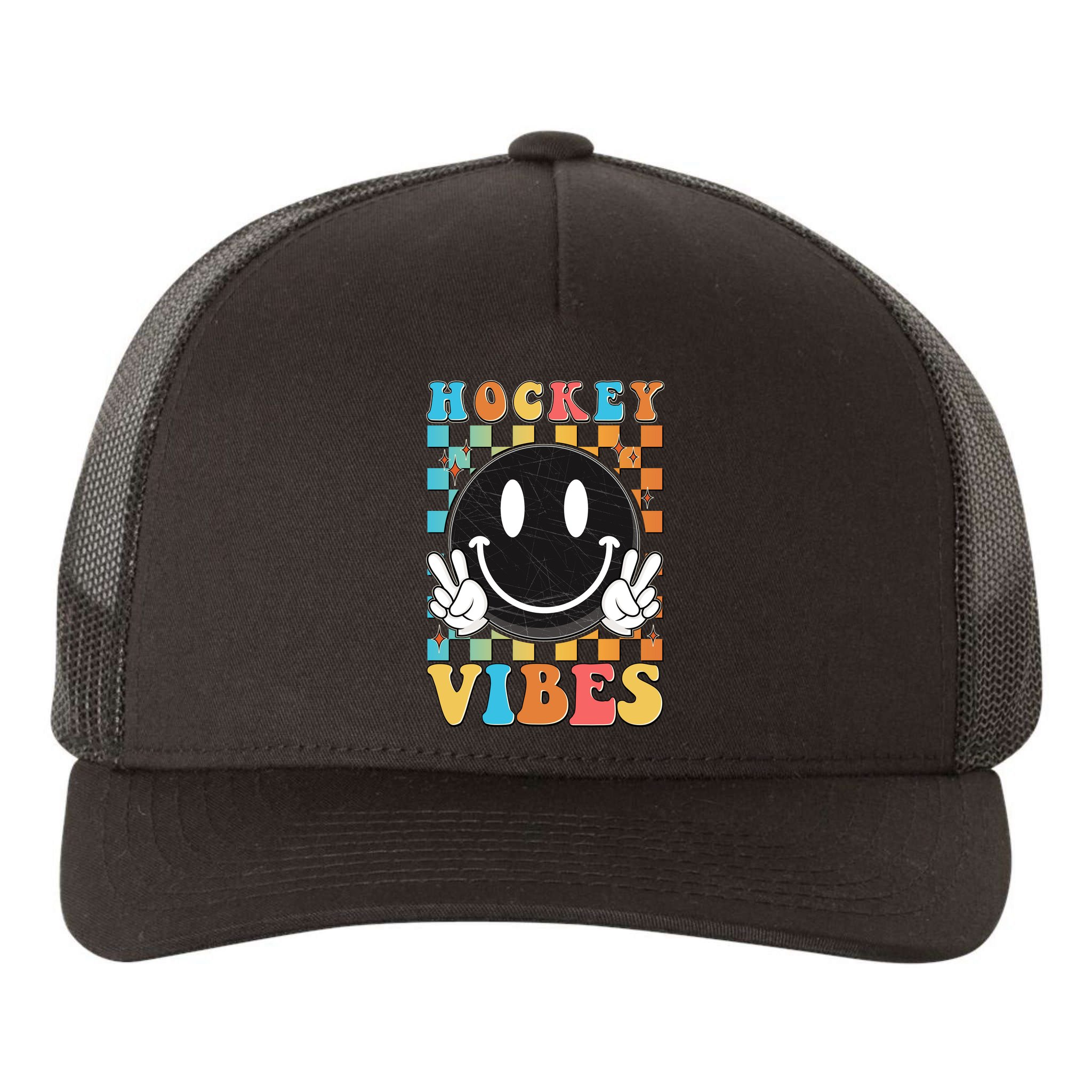 Retro Smiley Emoji Hockey Vibes Yupoong Adult 5-Panel Trucker Hat