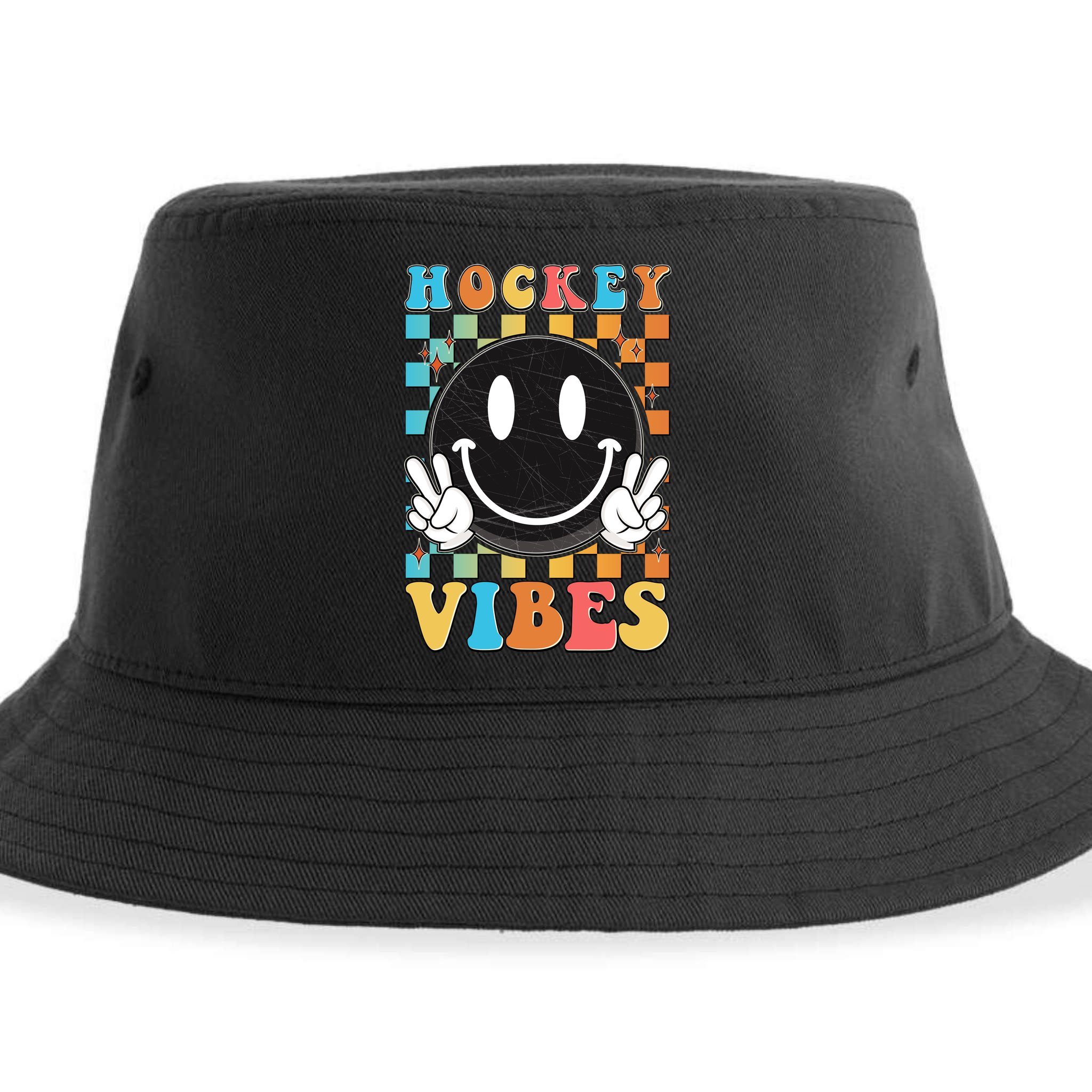 Retro Smiley Emoji Hockey Vibes Sustainable Bucket Hat