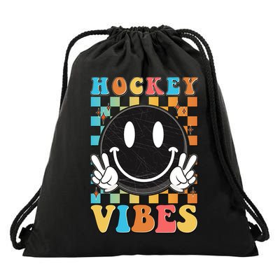 Retro Smiley Emoji Hockey Vibes Drawstring Bag