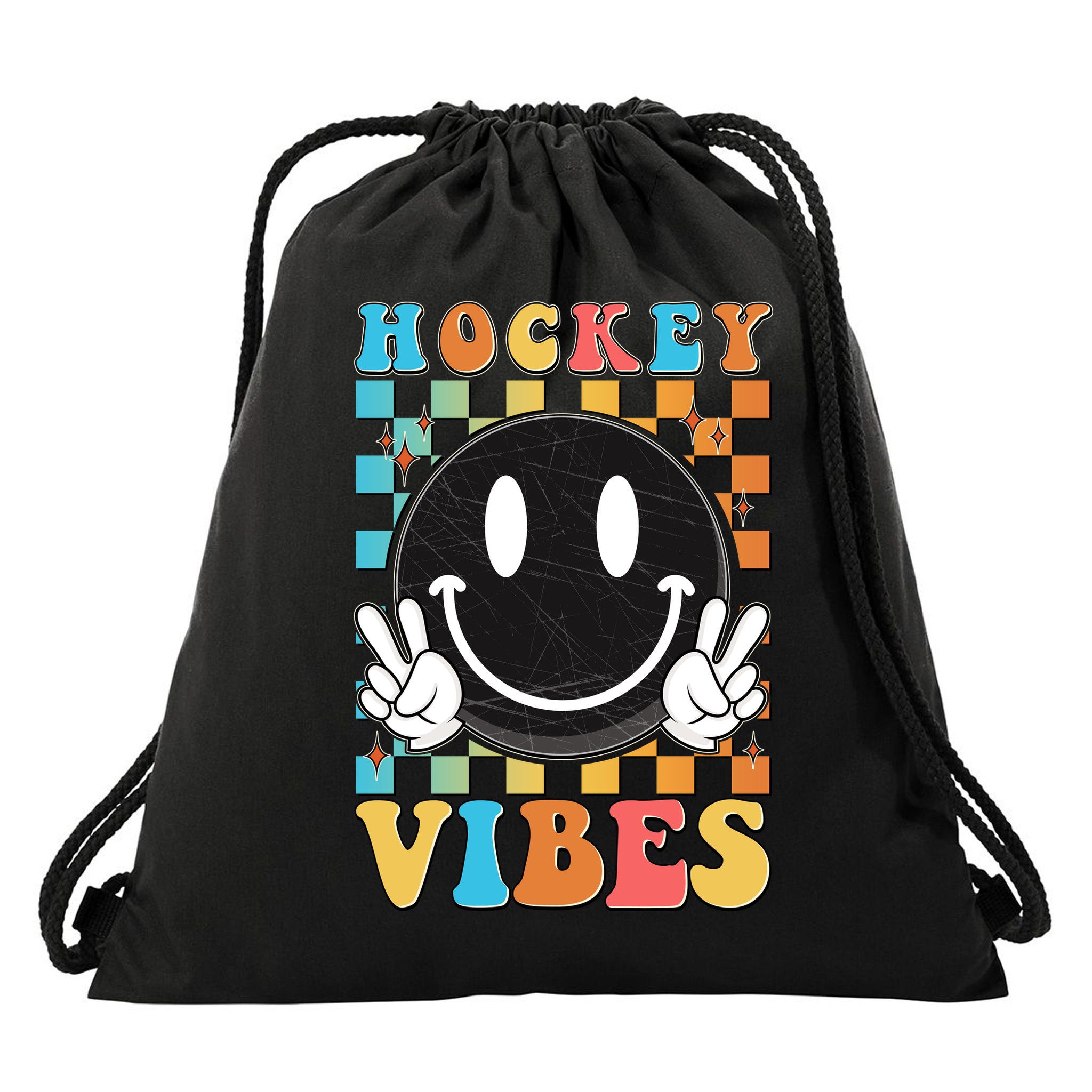 Retro Smiley Emoji Hockey Vibes Drawstring Bag