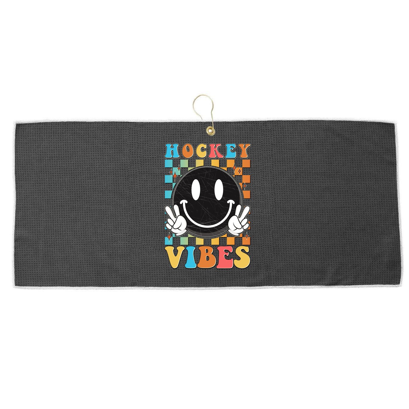 Retro Smiley Emoji Hockey Vibes Large Microfiber Waffle Golf Towel