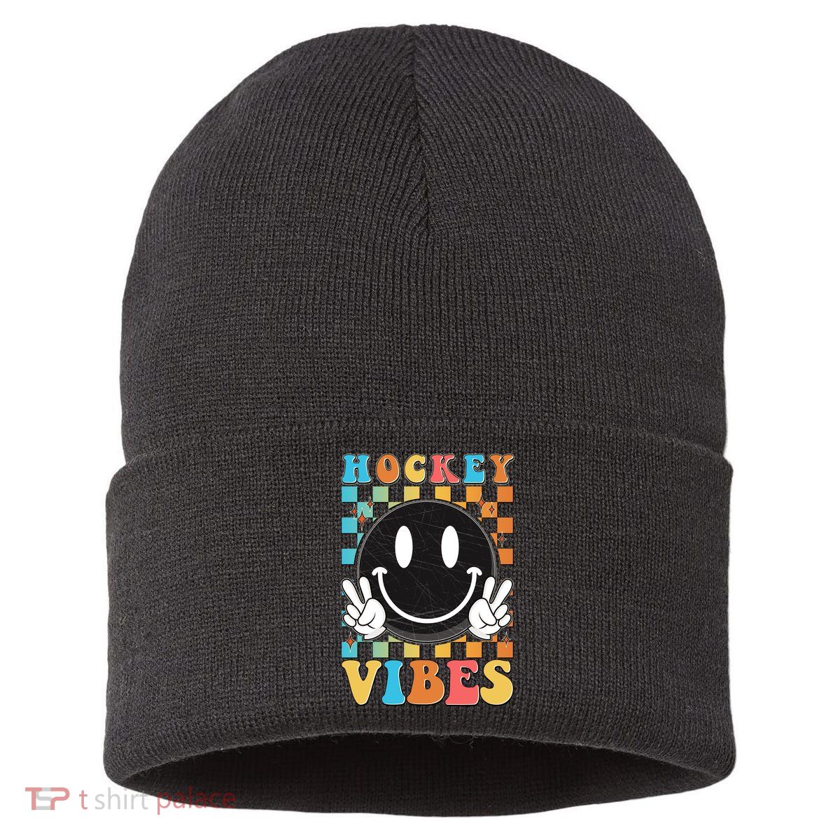 Retro Smiley Emoji Hockey Vibes Sustainable Knit Beanie