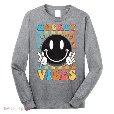 Retro Smiley Emoji Hockey Vibes Long Sleeve Shirt