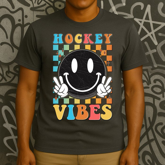 Retro Smiley Emoji Hockey Vibes T-Shirt