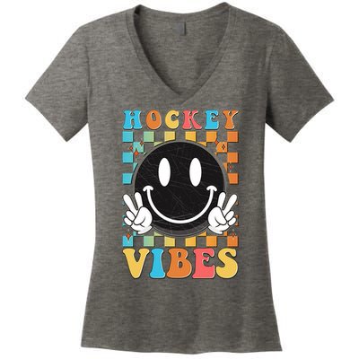 Retro Smiley Emoji Hockey Vibes Women's V-Neck T-Shirt
