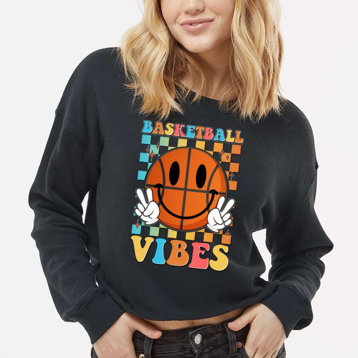 Retro Smiley Emoji Basketball Vibes Cropped Pullover Crew
