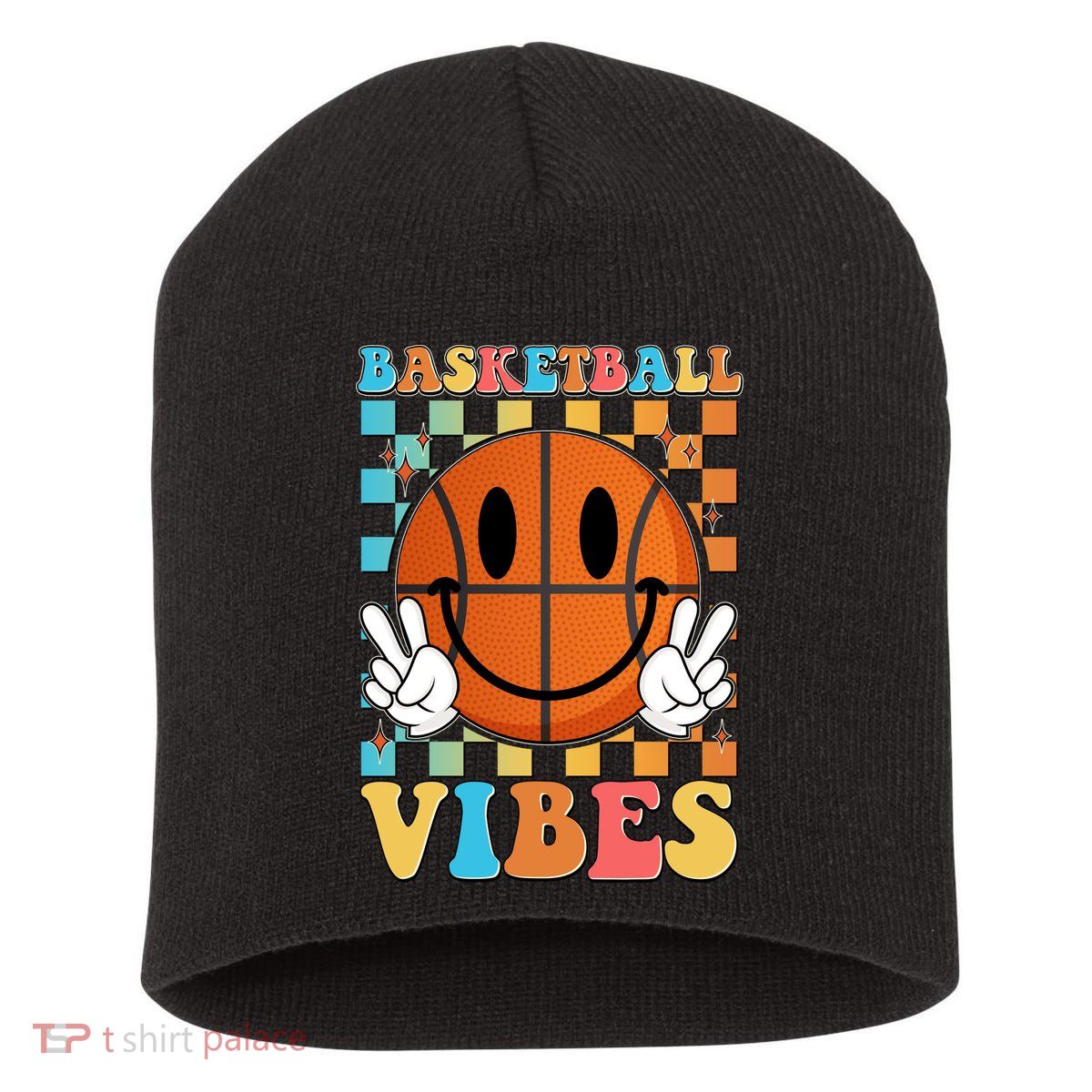 Retro Smiley Emoji Basketball Vibes Short Acrylic Beanie