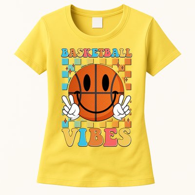 Retro Smiley Emoji Basketball Vibes Womens T-Shirt