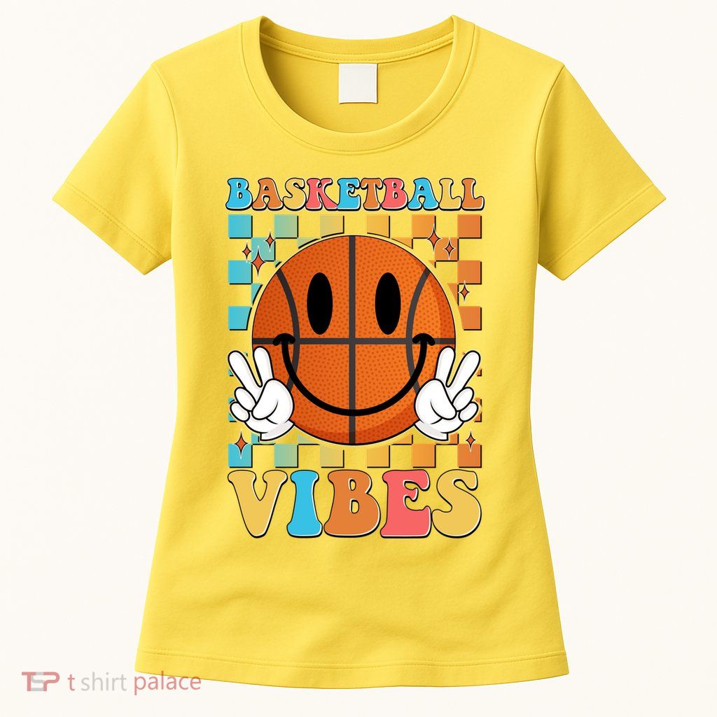 Retro Smiley Emoji Basketball Vibes Womens T-Shirt