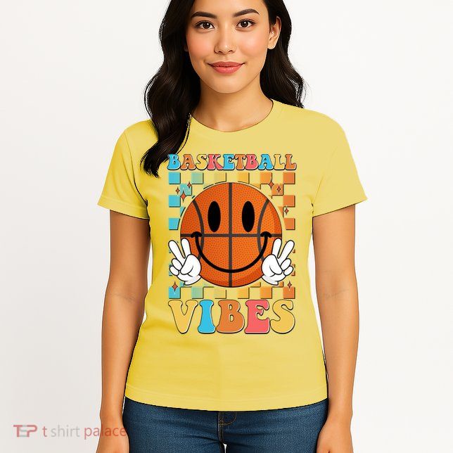 Retro Smiley Emoji Basketball Vibes Womens T-Shirt