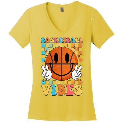 Retro Smiley Emoji Basketball Vibes Women's V-Neck T-Shirt