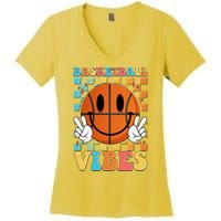 Retro Smiley Emoji Basketball Vibes Women's V-Neck T-Shirt