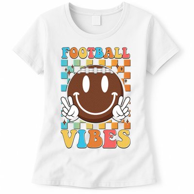 Retro Smiley Emoji Football Vibes Womens T-Shirt
