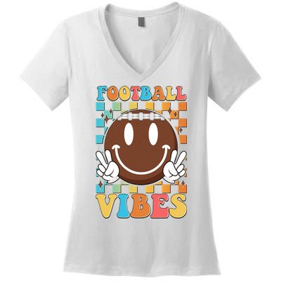 Retro Smiley Emoji Football Vibes Women's V-Neck T-Shirt