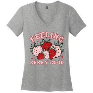 Retro Strawberry Feeling Berry Good Positive Mind Happy Life Women's V-Neck T-Shirt