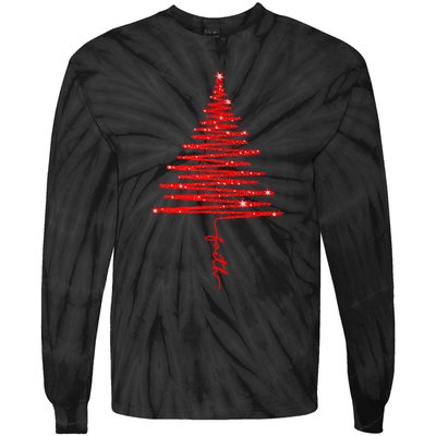 Red Sparkling Faith Christmas Tree Tie-Dye Long Sleeve Shirt