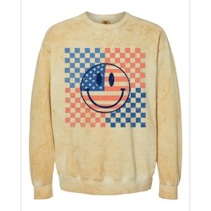 Retro Smiley Face American Flag 4th Of July Patriotic Colorblast Crewneck Sweatshirt