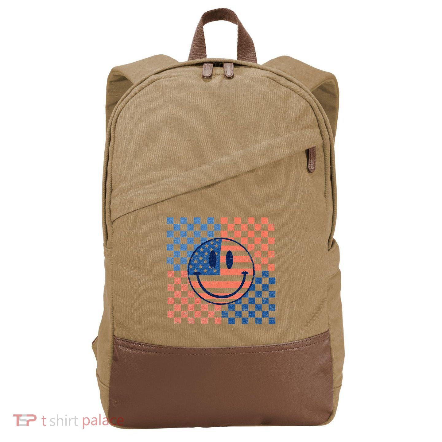 Retro Smiley Face American Flag 4th Of July Patriotic Cotton Canvas Backpack