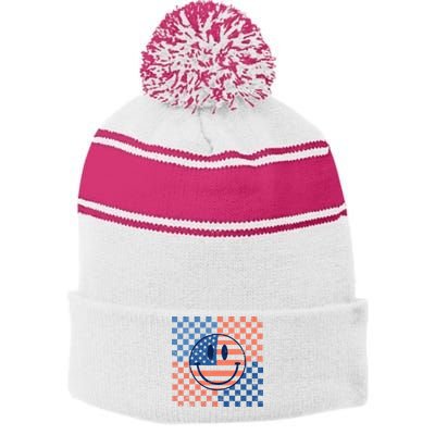 Retro Smiley Face American Flag 4th Of July Patriotic Stripe Pom Pom Beanie