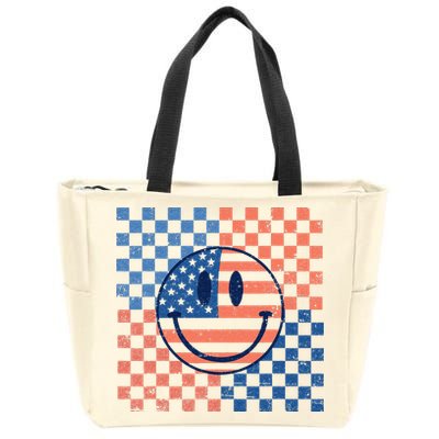 Retro Smiley Face American Flag 4th Of July Patriotic Zip Tote Bag