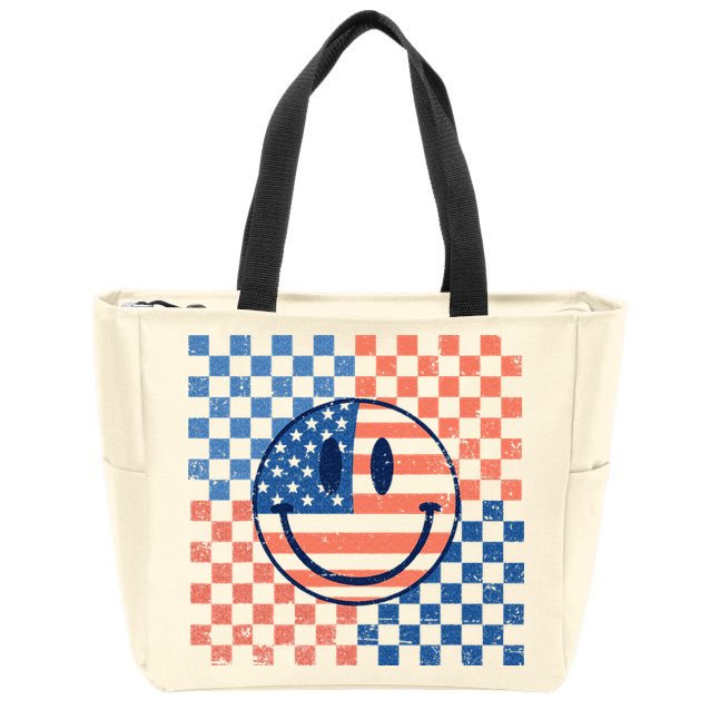 Retro Smiley Face American Flag 4th Of July Patriotic Zip Tote Bag