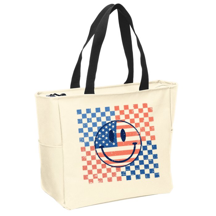 Retro Smiley Face American Flag 4th Of July Patriotic Zip Tote Bag