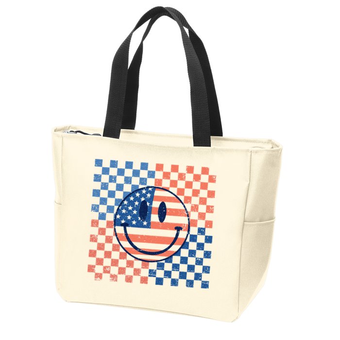 Retro Smiley Face American Flag 4th Of July Patriotic Zip Tote Bag