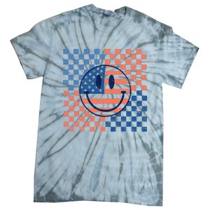 Retro Smiley Face American Flag 4th Of July Patriotic Tie-Dye T-Shirt