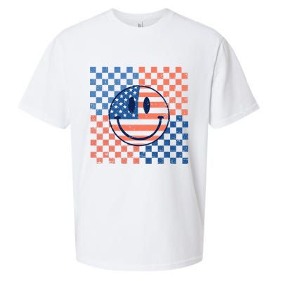 Retro Smiley Face American Flag 4th Of July Patriotic Sueded Cloud Jersey T-Shirt
