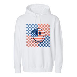 Retro Smiley Face American Flag 4th Of July Patriotic Garment-Dyed Fleece Hoodie