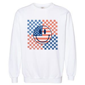 Retro Smiley Face American Flag 4th Of July Patriotic Garment-Dyed Sweatshirt