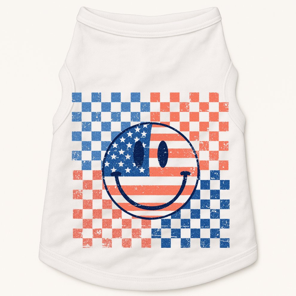 Retro Smiley Face American Flag 4th Of July Patriotic Doggie Tank