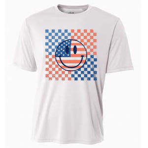 Retro Smiley Face American Flag 4th Of July Patriotic Cooling Performance Crew T-Shirt