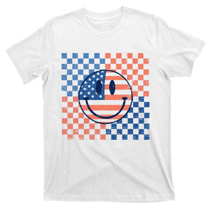 Retro Smiley Face American Flag 4th Of July Patriotic T-Shirt