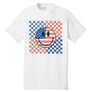 Retro Smiley Face American Flag 4th Of July Patriotic Tall T-Shirt