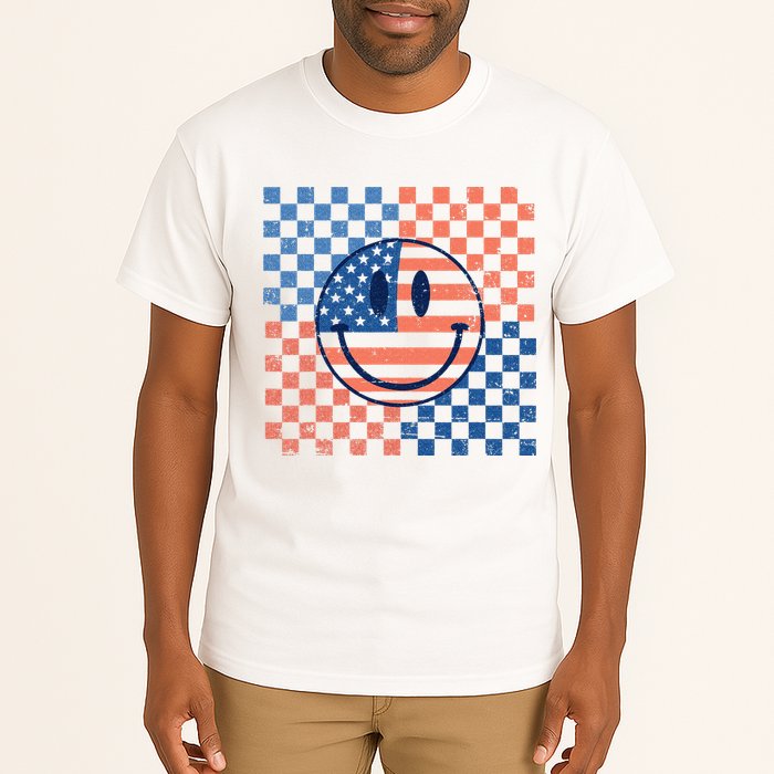 Retro Smiley Face American Flag 4th Of July Patriotic Tall T-Shirt