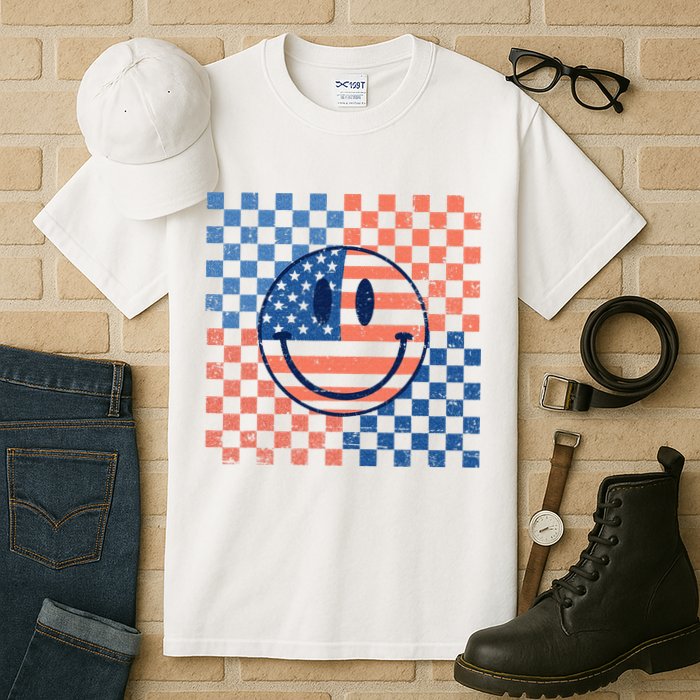 Retro Smiley Face American Flag 4th Of July Patriotic Tall T-Shirt