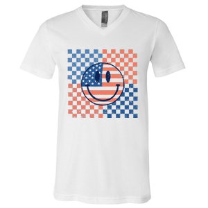 Retro Smiley Face American Flag 4th Of July Patriotic V-Neck T-Shirt