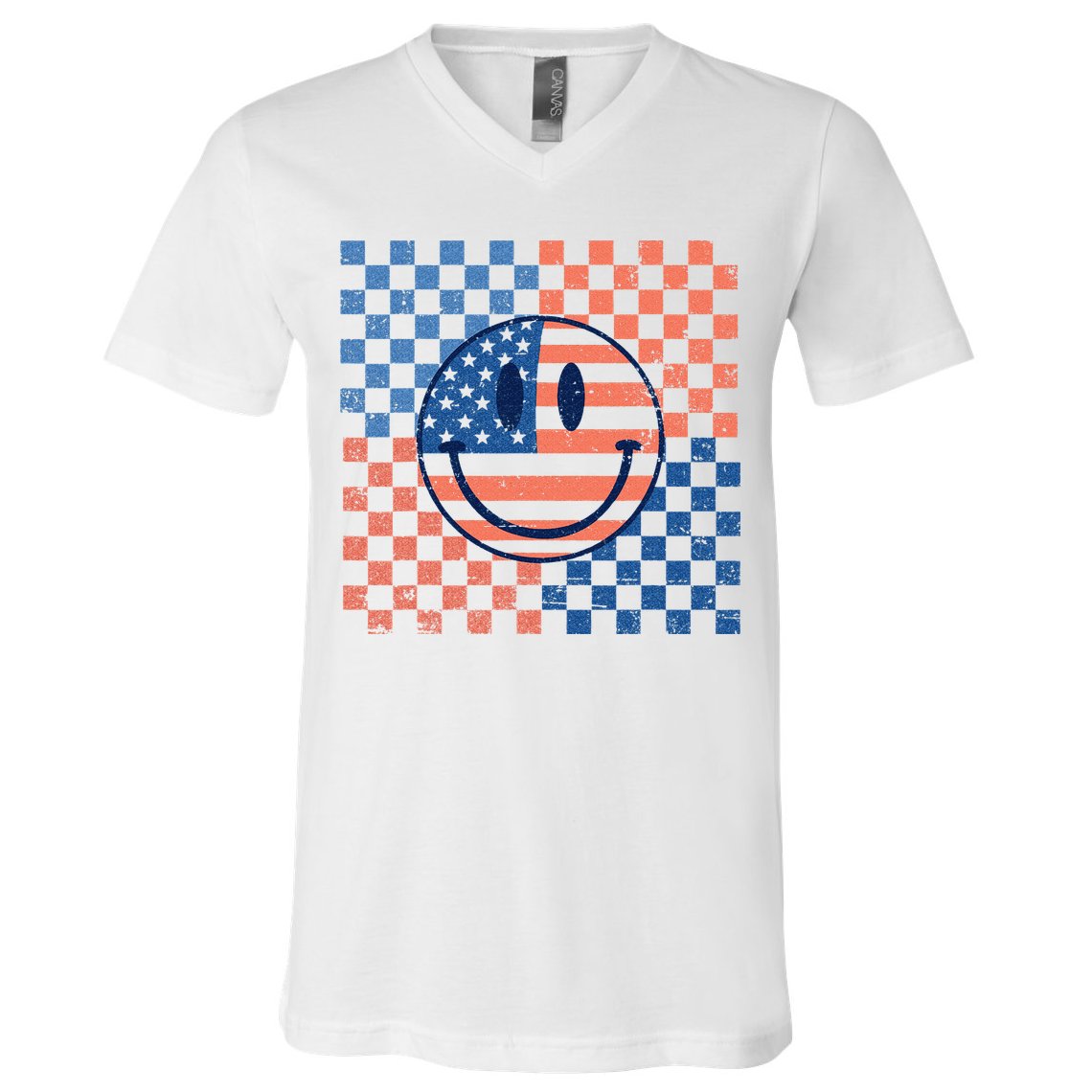 Retro Smiley Face American Flag 4th Of July Patriotic V-Neck T-Shirt