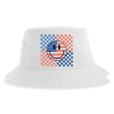 Retro Smiley Face American Flag 4th Of July Patriotic Sustainable Bucket Hat