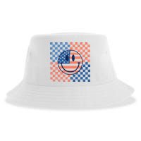 Retro Smiley Face American Flag 4th Of July Patriotic Sustainable Bucket Hat