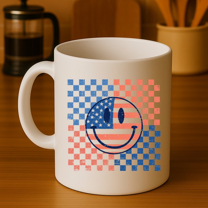 Retro Smiley Face American Flag 4th Of July Patriotic Mug