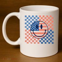 Retro Smiley Face American Flag 4th Of July Patriotic 11oz C Handle Ceramic Mug