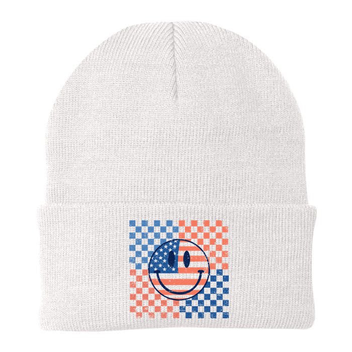 Retro Smiley Face American Flag 4th Of July Patriotic Beanie