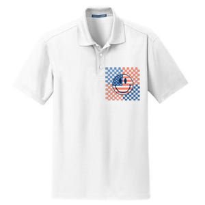 Retro Smiley Face American Flag 4th Of July Patriotic Dry Zone Grid Polo