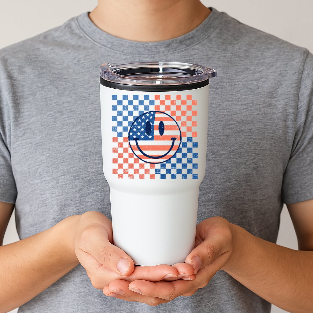 Retro Smiley Face American Flag 4th Of July Patriotic Tumbler