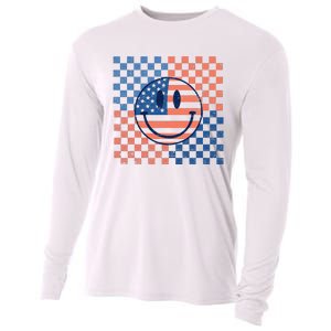 Retro Smiley Face American Flag 4th Of July Patriotic Cooling Performance Long Sleeve Crew