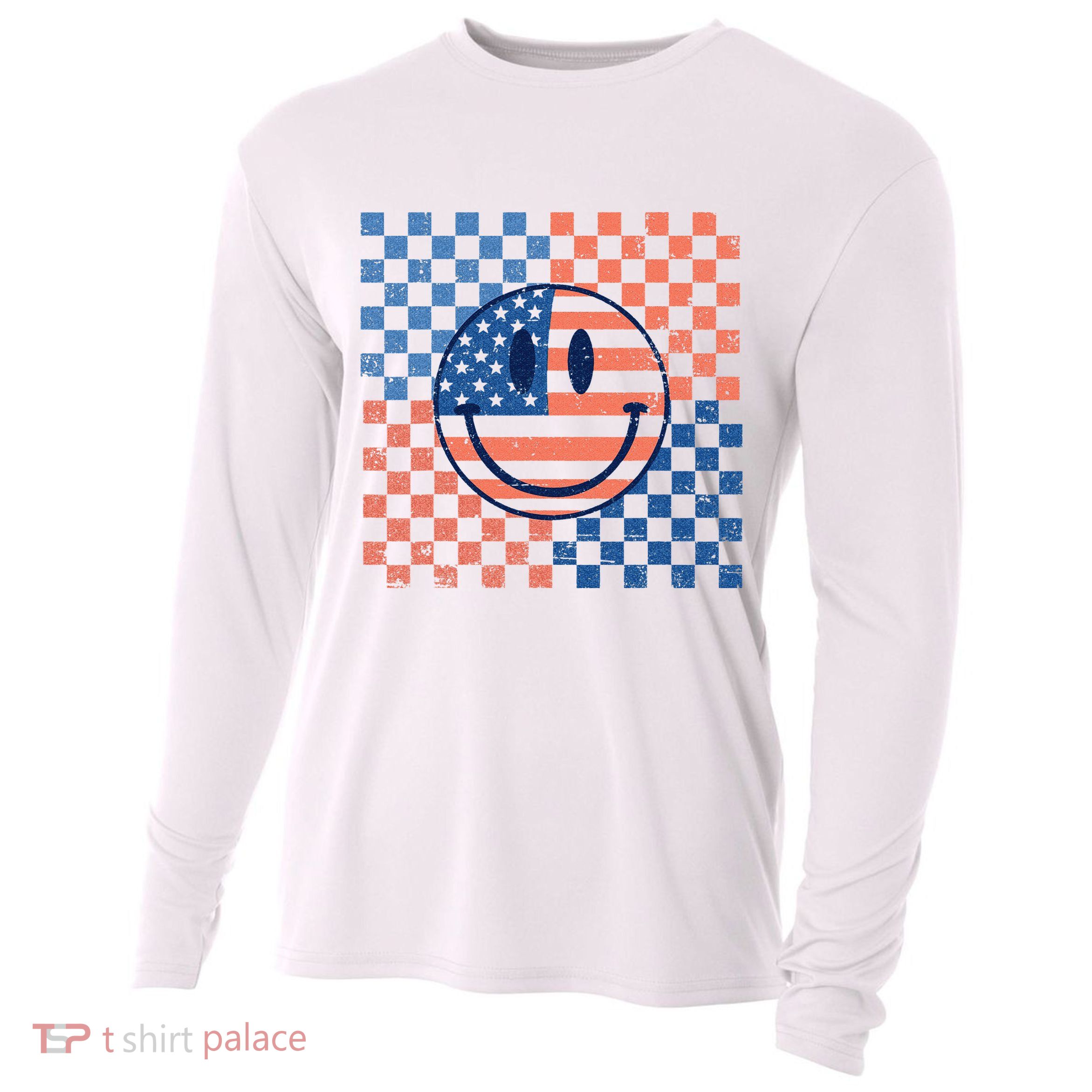Retro Smiley Face American Flag 4th Of July Patriotic Cooling Performance Long Sleeve Crew
