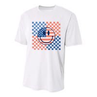 Retro Smiley Face American Flag 4th Of July Patriotic Youth Performance Sprint T-Shirt